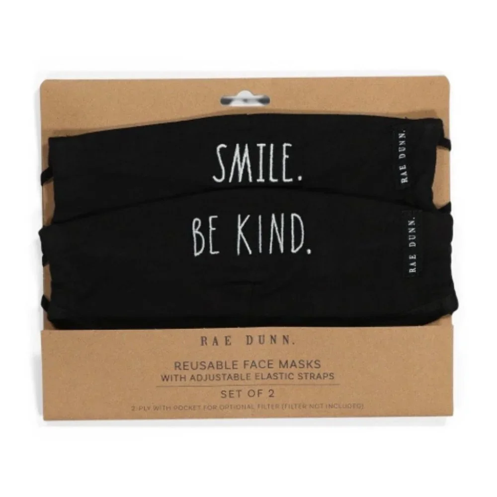 NEW SET OF 2 - Rae Dunn - FACE MASKS - Set of 2 - Adjustable - Smile & Be Kind
